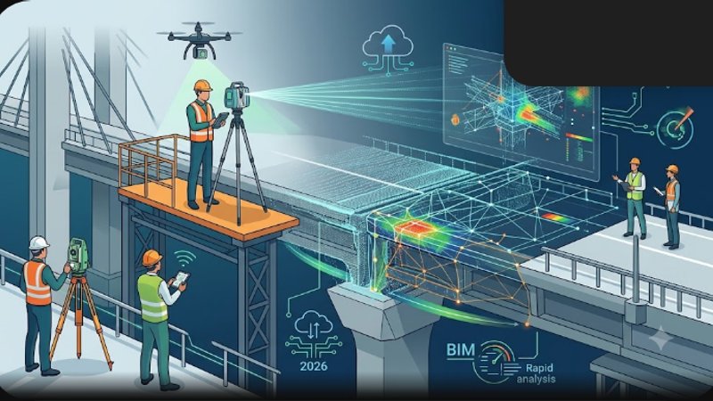 3D-иллюстрация лазерного сканирования узлов моста для статьи о трендах геодезического аудита 2026 года